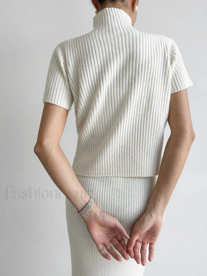 Solid High Neck Split Ribbed Knit Two Pieces Skirt Set