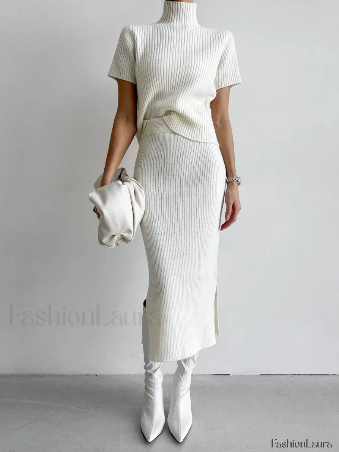 Solid High Neck Split Ribbed Knit Two Pieces Skirt Set