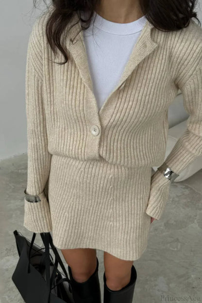 Solid Knit Minimalist Bodycon Cardigan Two Piece Set