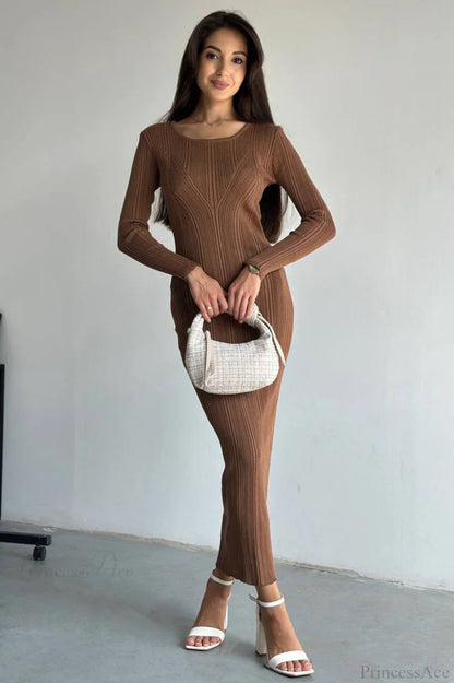Solid Knit Waisted Long Sleeve Maxi Dress