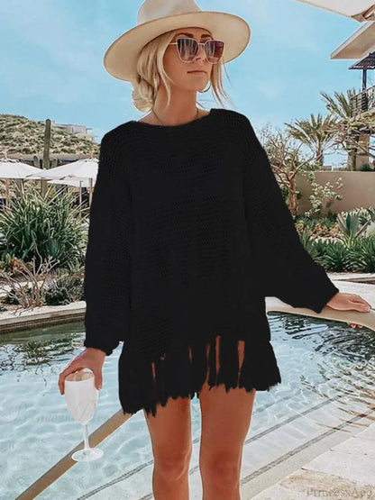 Solid Lace Up Tassel Beach Cover Up