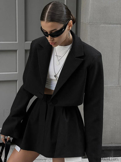 Solid Lapel Blazer Trendy Mini Skirt Set