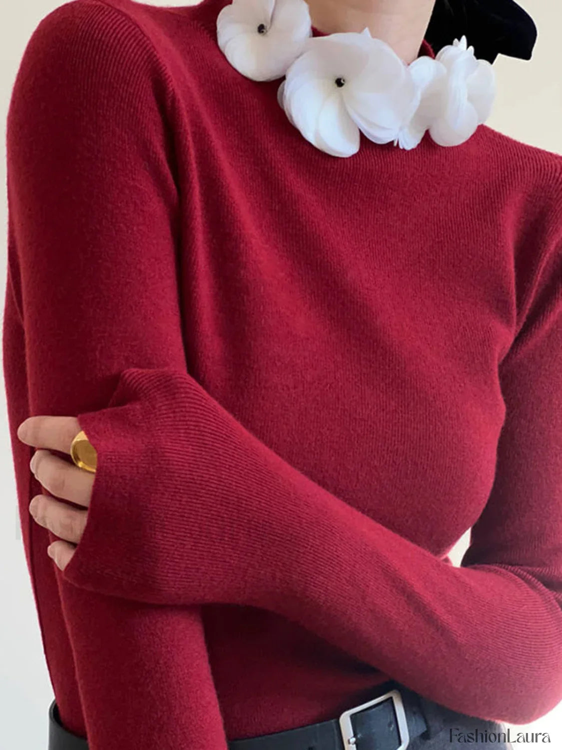 Solid Long Sleeve Floral Knit Top