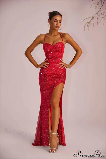 Solid Plunging Backless Slit Fitted Maxi Party Dress