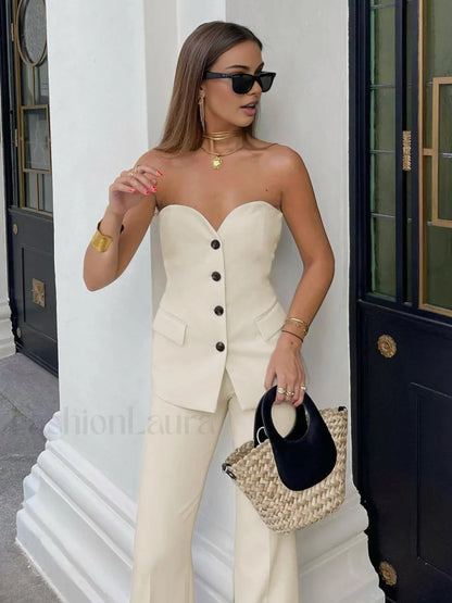 Solid Tube Top With Modern Wide Leg Pants Set