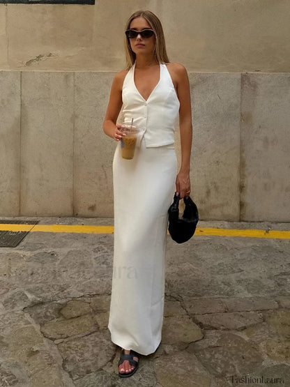 Solid V-Neck Backless Tie Up Classic Halter & Split Maxi Skirt Set