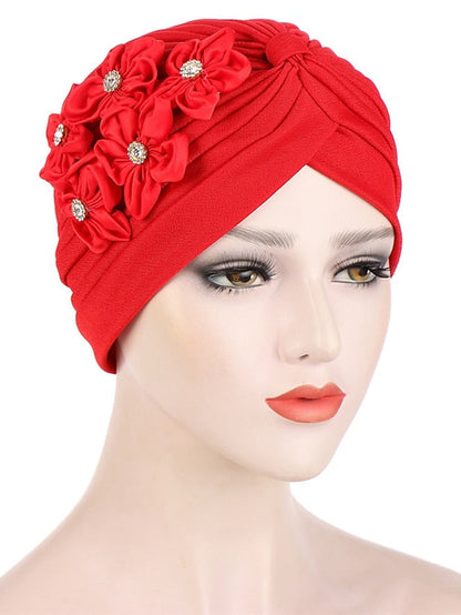 Elegant Women Five Flowers Turban Caps Muslim Elastic Crystal Party Headscarf Bonnet Ladies Hair Accessories Indian Cap for Women