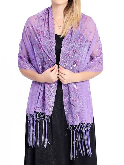 Shawls & Wraps Party Wedding Indoor Light Blue Black White Scarf Embroidered Flower for Women