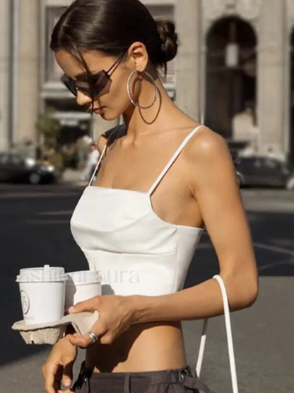 Spaghetti Strap Backless Lace Up Crop Top