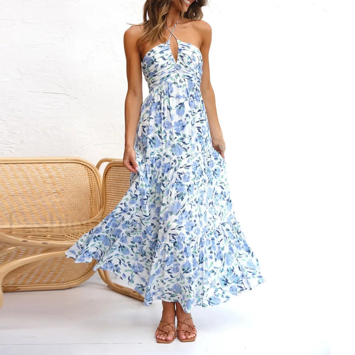 Spaghetti Strap V-neck Floral Dress