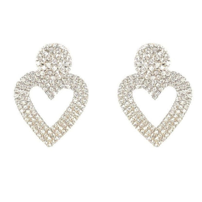 Heart Shape Drop Earrings with Sparkly Crystal Details - Silver