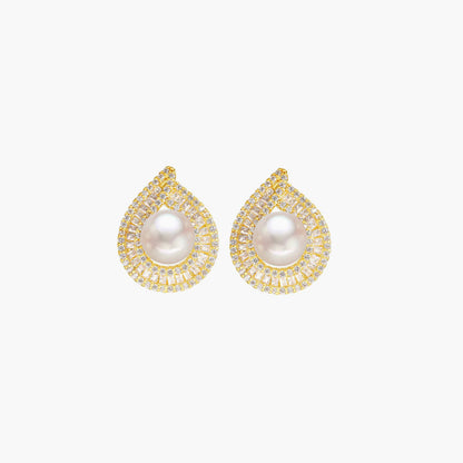 Rhinestone Trimmed Pearlized Stud Earrings - Gold