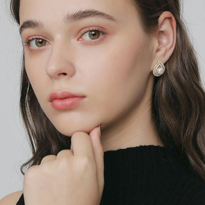 Rhinestone Trimmed Pearlized Stud Earrings - Gold