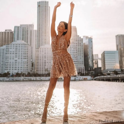 Sparkly Sequin Deep V Neck Party Mini Dress - Gold