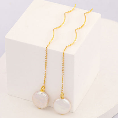 Threader Earrings with Spiral Wire and Baroque Pearl Drop