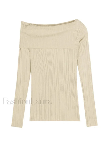 Split Off Shoulder Ribbed Knit Top