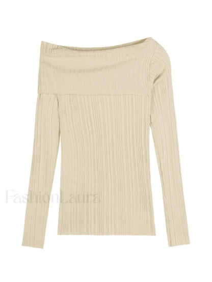 Split Off Shoulder Ribbed Knit Top