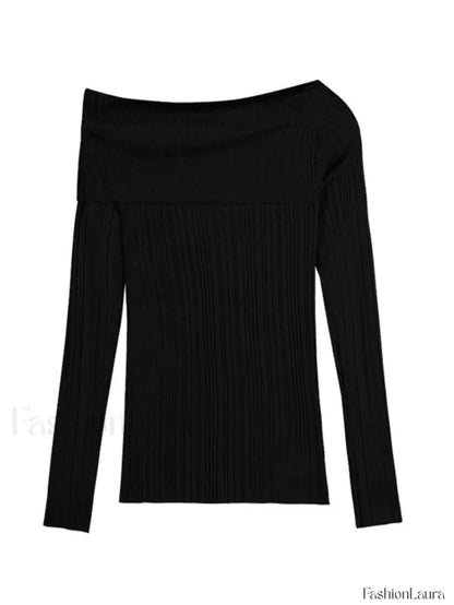 Split Off Shoulder Ribbed Knit Top