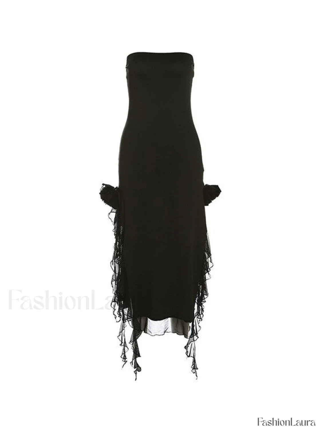 Split Ruffle Mesh Bandeau Maxi Dress