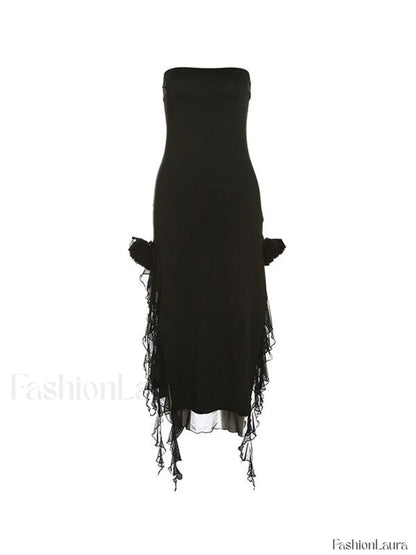 Split Ruffle Mesh Bandeau Maxi Dress