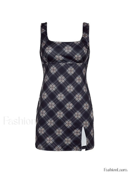 Split Sleeveless Checkered Mini Dress