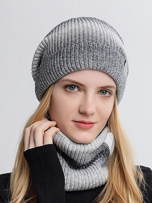 2pcs/set Winter Women Beanies Snood Sets Gradient Color Knitted Hat Warmer Fashion Outdoor Windproof Thicken Tie Dye Scarf Hat For Women for Women