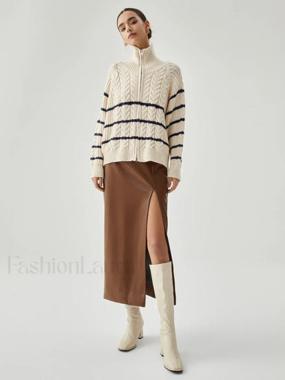 Stand Collar Cable Trendy Knit Stripe Cardigan