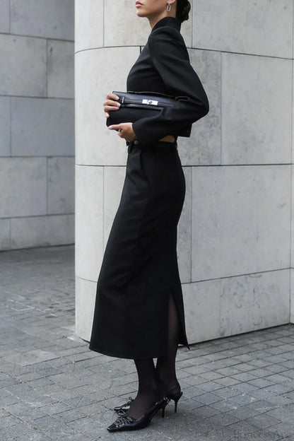 Stand Collar Zipper Slim Fit Long Sleeve Split Two Piece Set