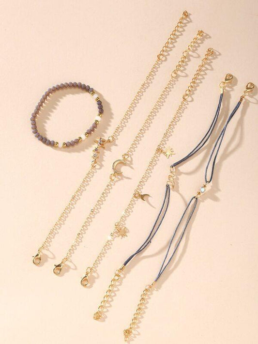 Star & Moon Assorted Bracelet Set - 6pcs for Women