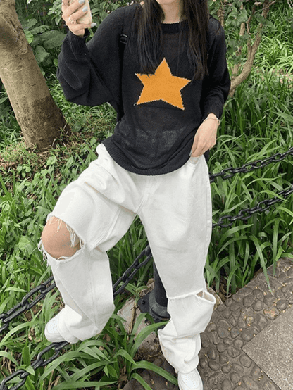 Star Pattern Semi Sheer Knit Top