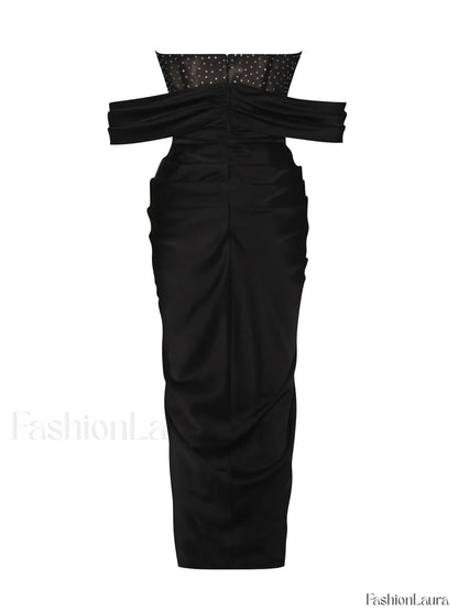 Stella Black Off Shoulder Graceful Crystal Corset Satin Gown