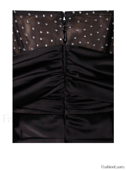 Stella Black Off Shoulder Graceful Crystal Corset Satin Gown