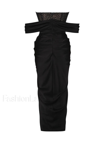Stella Black Off Shoulder Graceful Crystal Corset Satin Gown