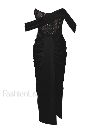 Stella Black Off Shoulder Graceful Crystal Corset Satin Gown