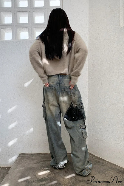 Street Denim Patchwork Pocket Cargo Pants