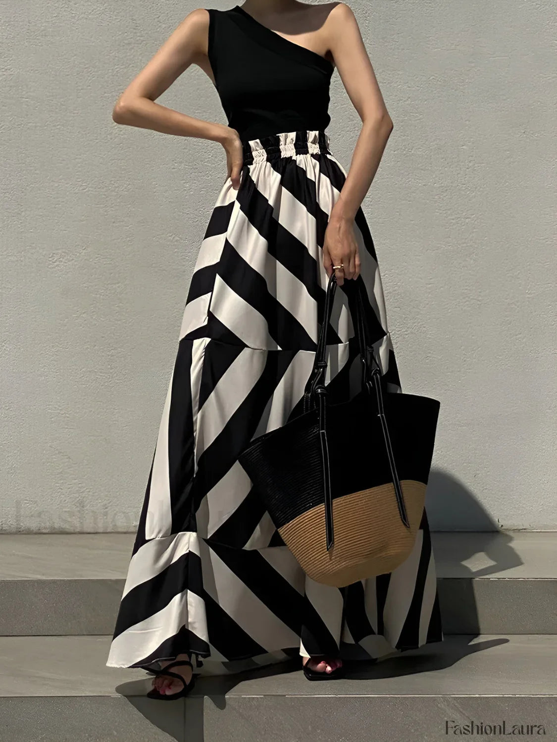 Stripe Print Graceful Long Skirt