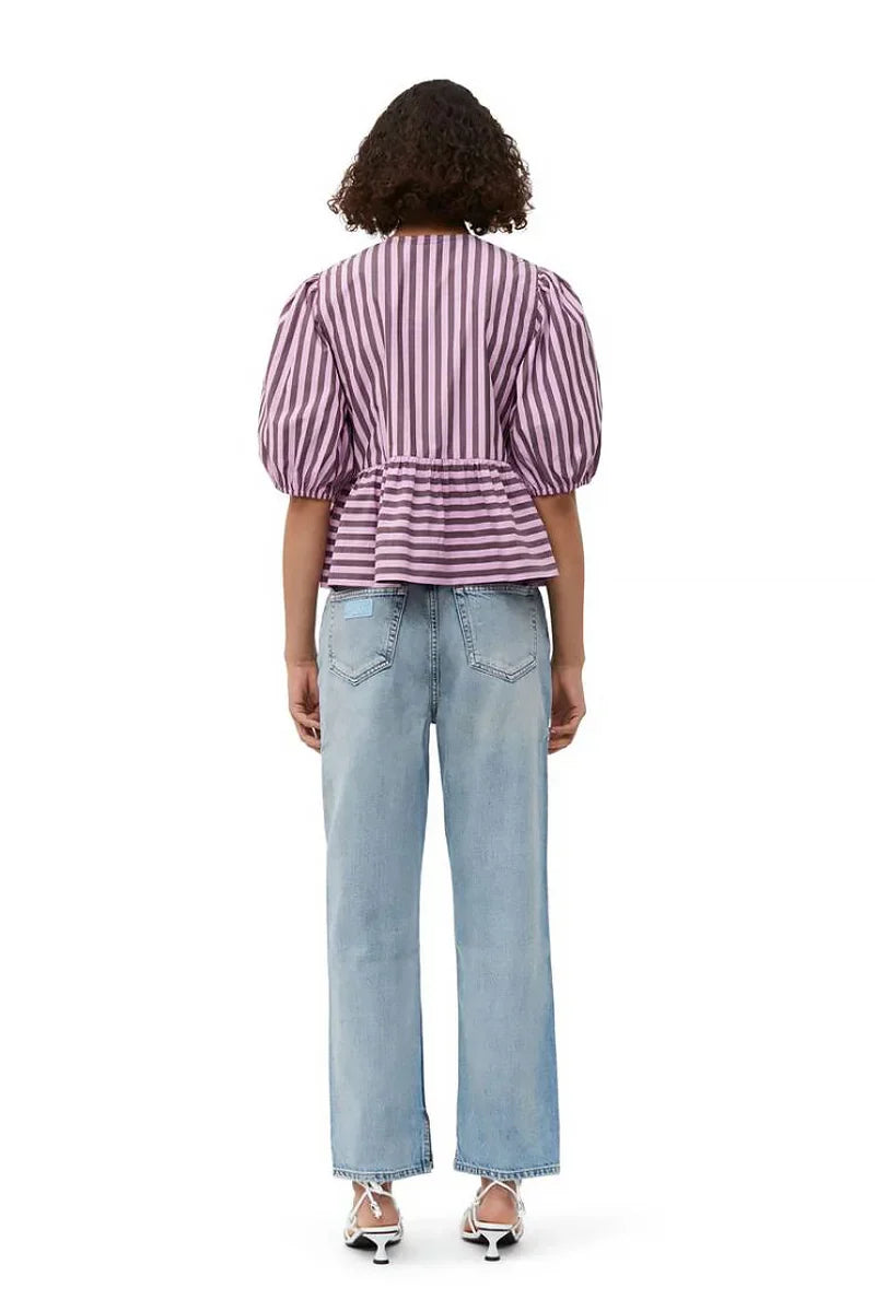 Blusa corta con mangas abullonadas, peplum y lazos a rayas