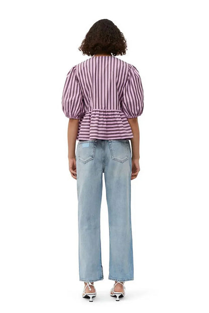 Blusa corta con mangas abullonadas, peplum y lazos a rayas