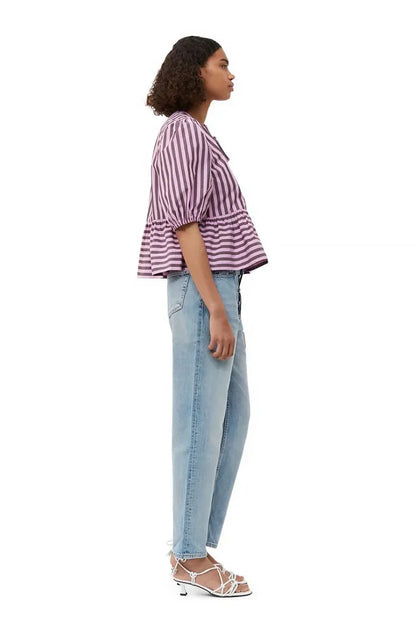 Blusa corta con mangas abullonadas, peplum y lazos a rayas