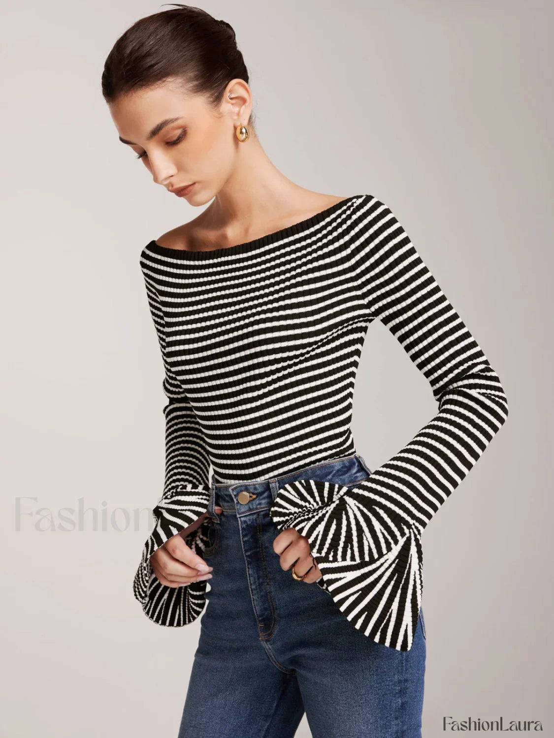 Striped Ruffle-Sleeve Knit Top