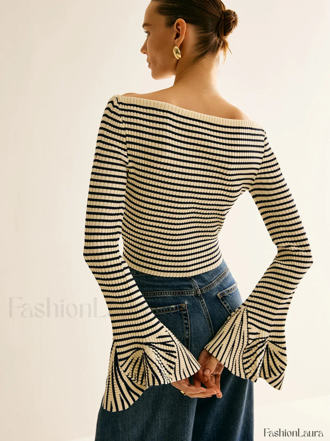 Striped Ruffle-Sleeve Knit Top