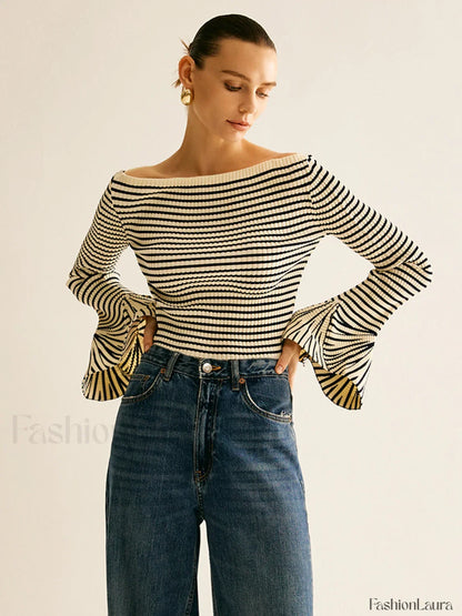 Striped Ruffle-Sleeve Knit Top
