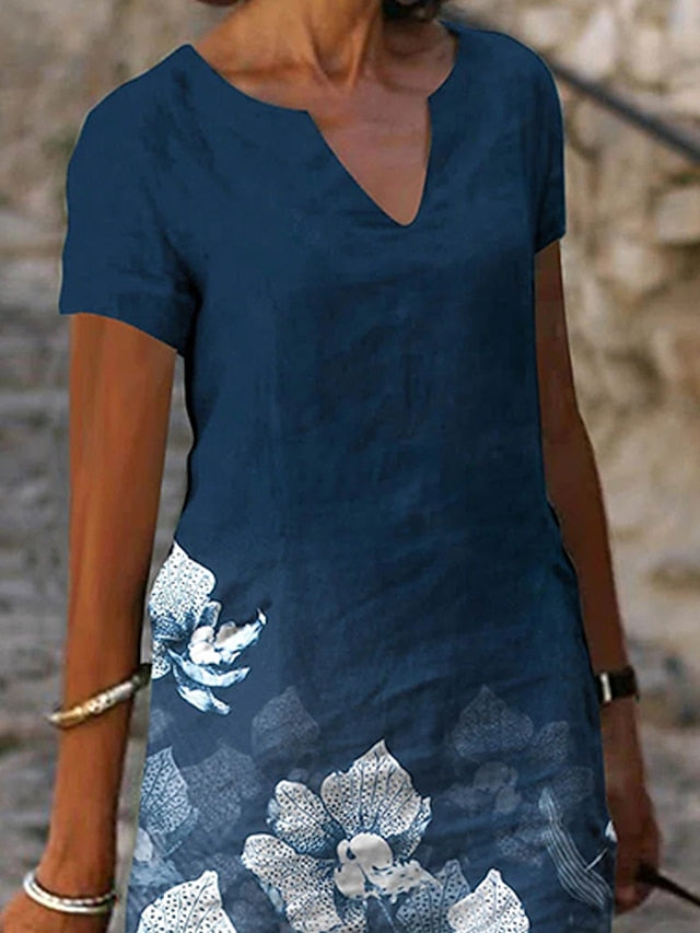 A Line Dress Knee Length Dress Green Blue Short Sleeve Floral Print Spring Summer V Neck Basic Casual Loose  S M L XL XXL 3XL / 3D Print for Women
