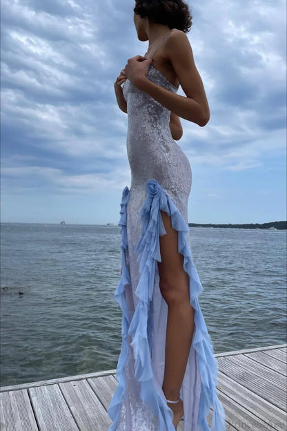 Sultry Sequined Ruffled 3D Floral Evening Dress