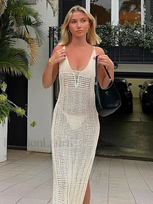 Summer Beach Crochet Maxi Hollow Out Cover-Ups Bodycon V Neck Knitted Long Club Party Streetwear Dress