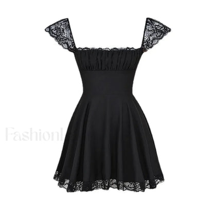 Summer Lace Patchwork Square Neck Mini Casual A Line Birthday Black Lace Up Women's Clothing Dress