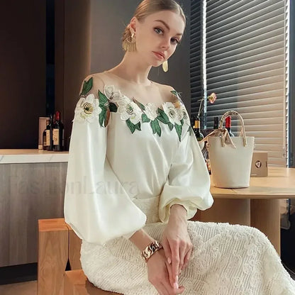 Summer Long Mesh Satin Embroidered Blouse