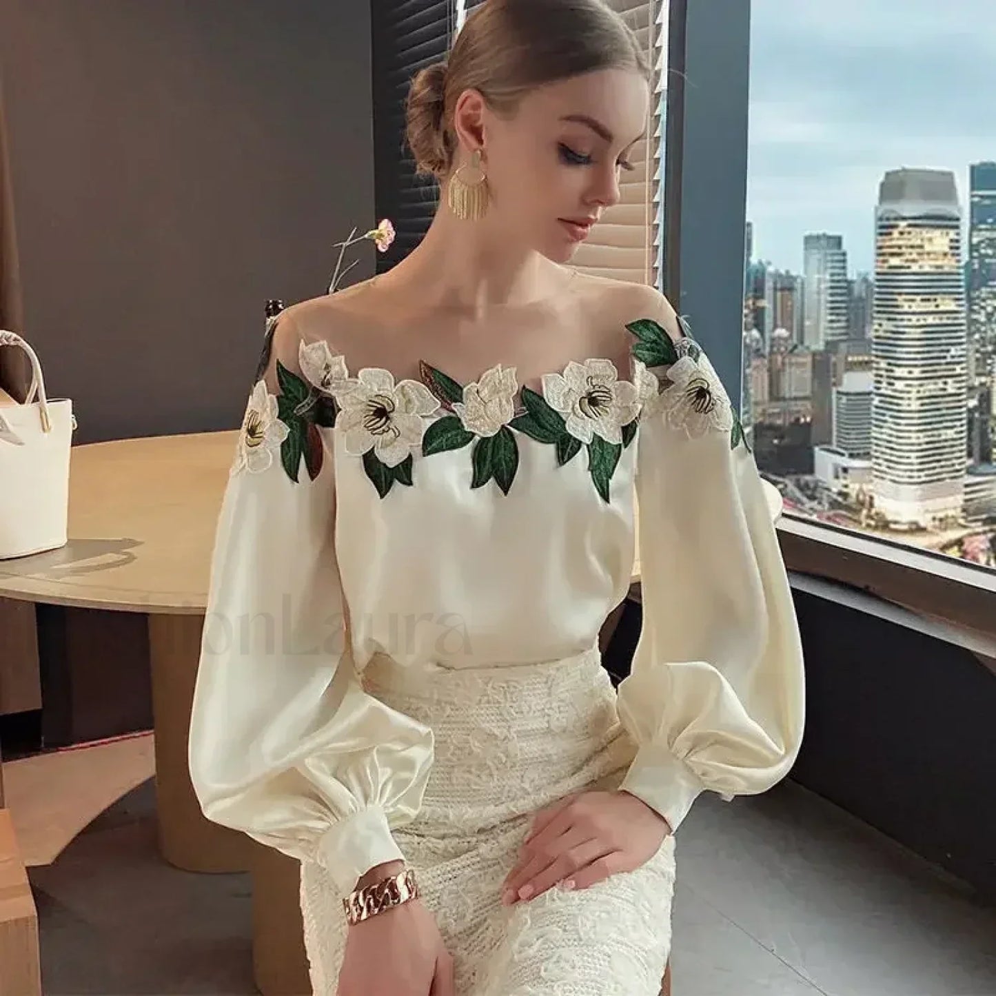 Summer Long Mesh Satin Embroidered Blouse