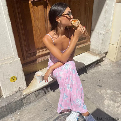Summer Printed Beach Elegant Sexy Spaghetti Straps V-neck Bodycon Long Evening Club Maxi Dress
