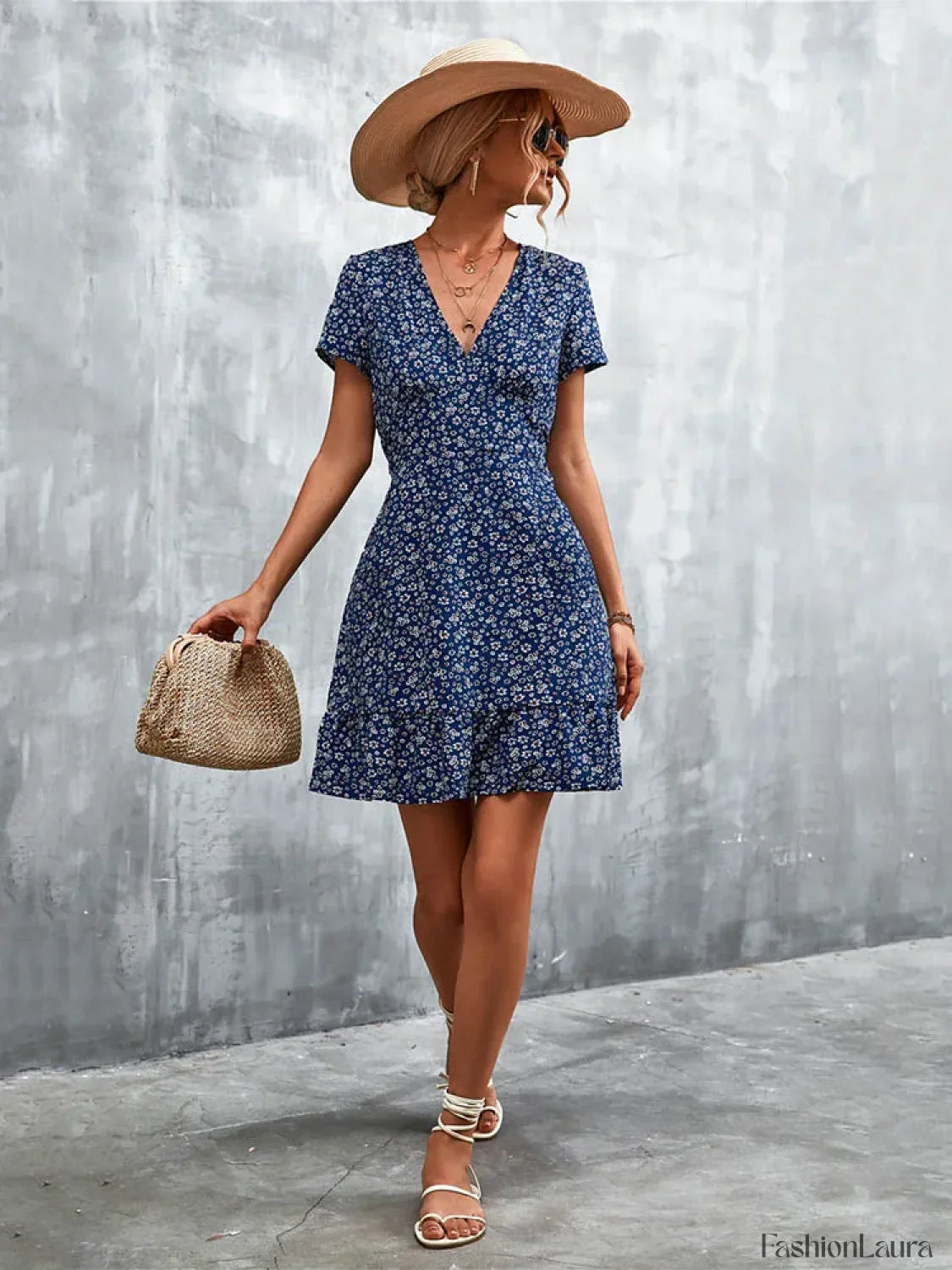 Summer Short Boho V Neck Floral Party Bohemian Flower Mini A-Line Dress